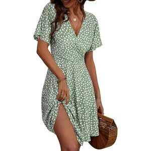 Floral Short Sleeve Wrap V Neck A-Line Midi Dress, XL, 1HH-147D003